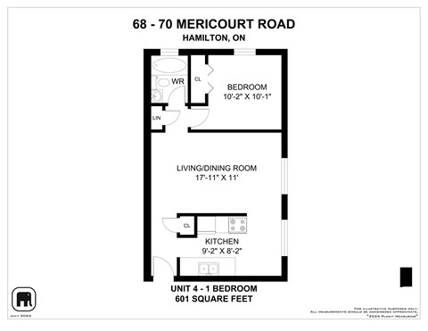 A floor plan for a 1 bedroom apartment at 68-70 Mericourt Road, Hamilton, ON.